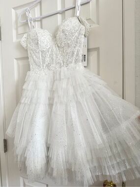 New in tag: Jovani White Beaded Tiered Ruffle Tulle Off-shoulder Formal Dress